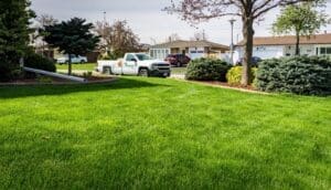 Hometurf truck parked next to a weed-free lawn.